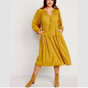 Mustard Waist-Defined Boho Long-Sleeve Midi Dress Tassels Old Navy Medium NWT